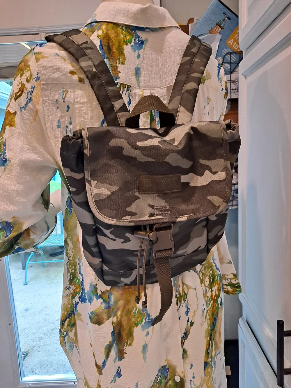 PINK Victoria's Secret Mini Green Camo Canvas Backpack Purse Toggle Drawstring